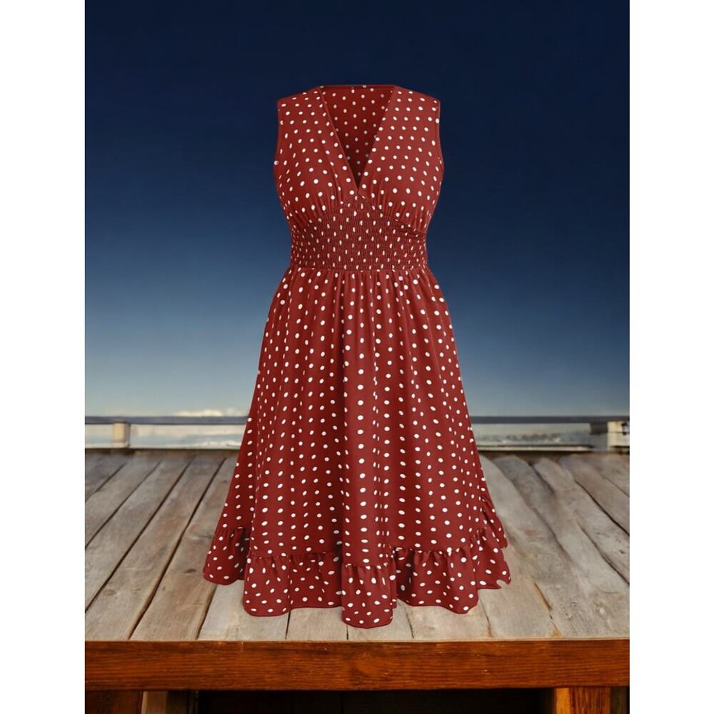 Sleeveless Red Polka Dot Smocked Waist Dress - Picture 6 of 10